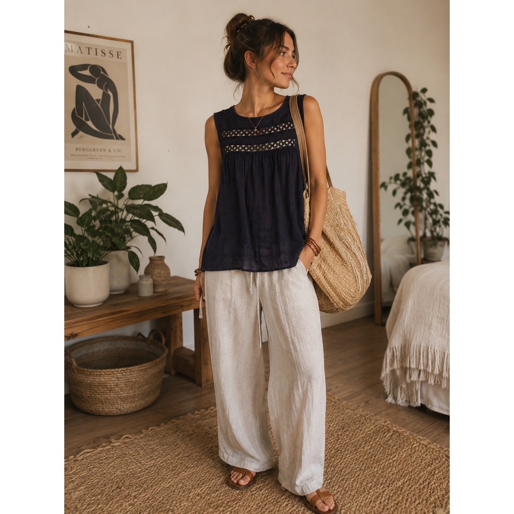 Women's Navy Sleeveless Crochet Yoke Blouse
